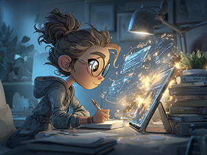 Digital illustration of a person learning AI online through beginner-friendly video lessons